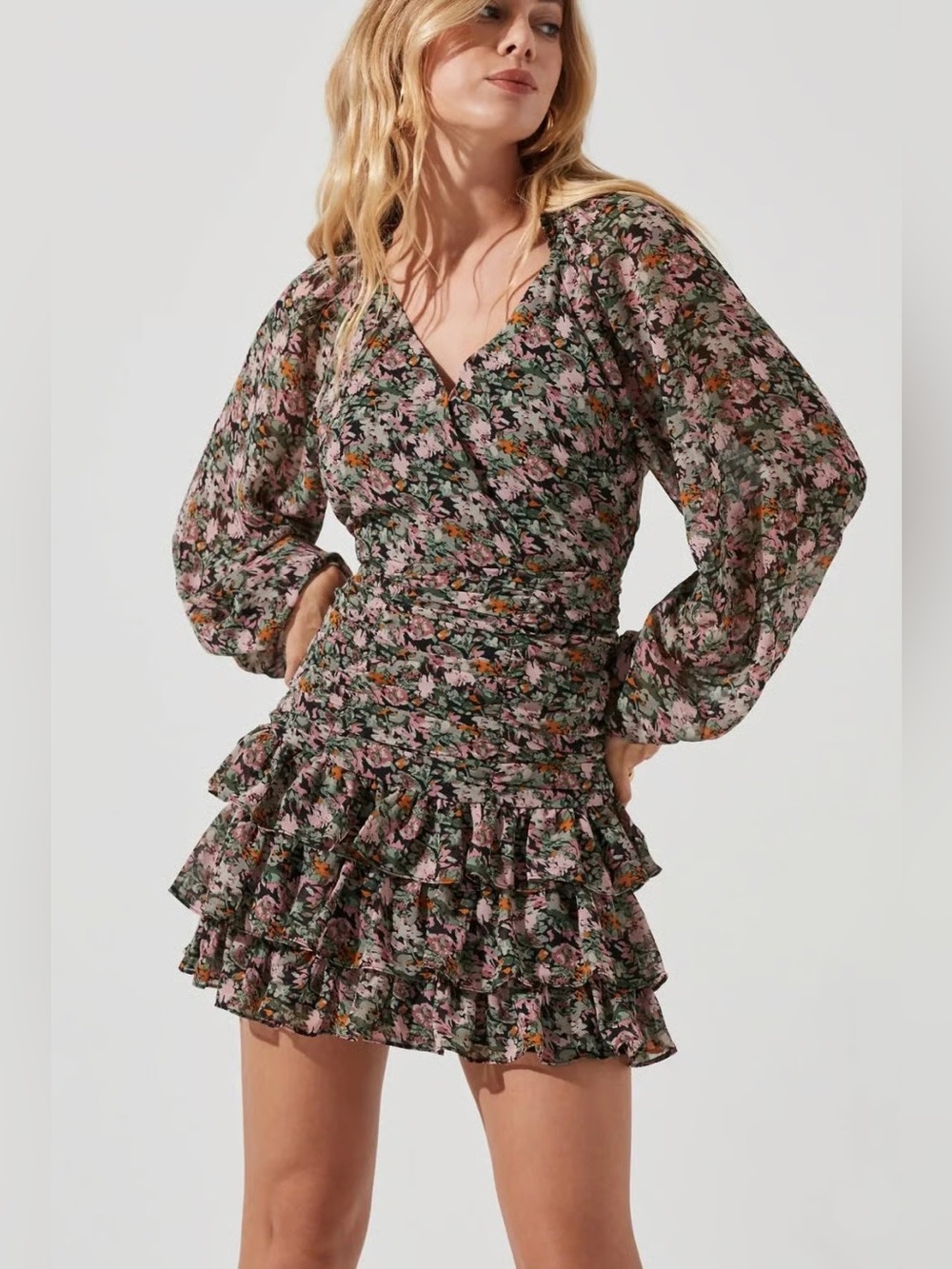 ASTR The Label floral print long sleeve dress w/ tiered ruffle skirt